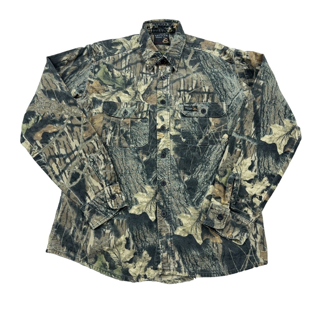 Vintage Rattlers Brand Camo Shirt Men Large Chamois Cloth Button Up 90s Hunting